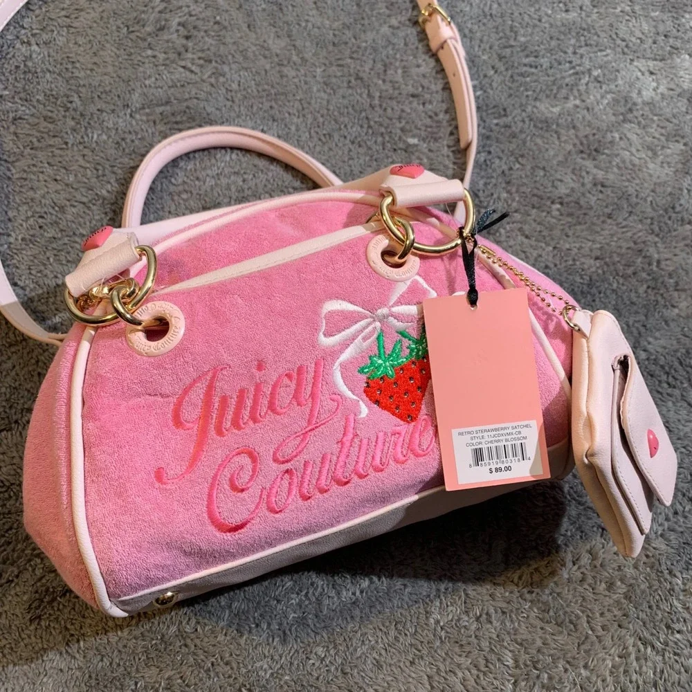 Juicy Couture‎ Retro Strawberry Satchel Cherry Blossom Pink Velour Bag NWT